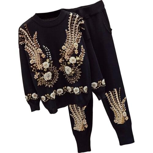 2021 New Autumn Womens Beads Embroidery Knitwear Sweater Knitting Pants Two Piece Knitting Set Female Plus Size Sweater Set