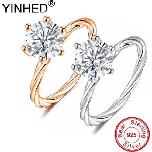 YINHED Latest Design Twist Ring Real Silver Sterling 925 Ring 1.0ct Round CZ Zircon Diamond Wedding Engagement Ring Women ZR701