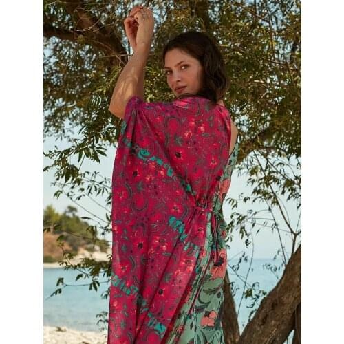 Women Green Printed Floral Patterned Caftan Long Dress Spring Summer Beach Holiday Casual Bohemian Style 2021 New Collection