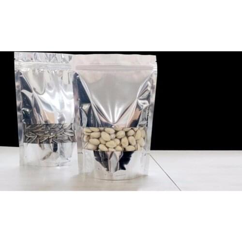 100 Pack, Silver Clear Stand Up Aluminum Foil Zip Lock Bags Resealable Heat Seal Plastic Window Bag, Food Storage Packing Pouch