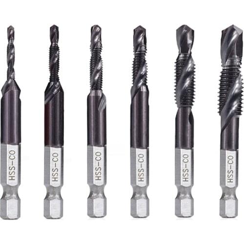 6pcs 1/4 Hex Shank HSS Composite Tap Drill Bit Screw Spiral Tapper Drill Bits Metric Drilling Tapping Integrated Compound Tap