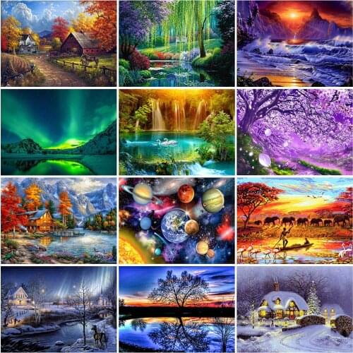 DIY 5D Diamond Painting House Full Round Drill Mosaic Diamond Embroidery Cross Stitch Kits Rhinestones Landscape Lake Home Decor
