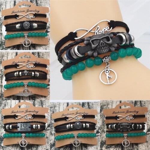 3PC/SET Multilayer Hope Yoga Skull Infinity Leather Bracelets For Women and men Wood Bead Bracelet Punk Rock For Men Jewelry