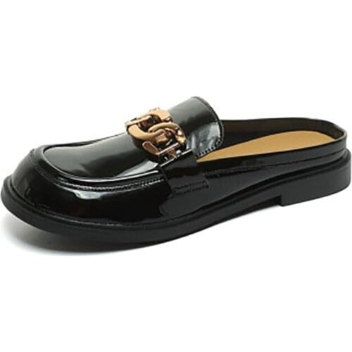 GeDeGeson Brand Spring Slippers Women Genuine Patent Cowhide Leather Metal Decoration Fashion Loafers New Designed Popular