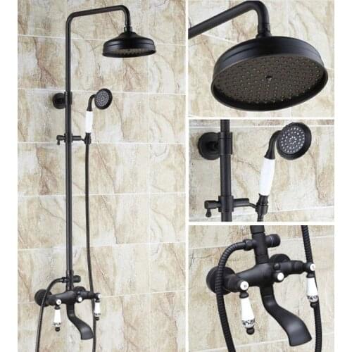 Black oil Antique Brass Wall Mounted Rain Bathroom Rainfall Shower Faucet Set with Hand Spray Shower Head Tub Mixer Tap 2hg122