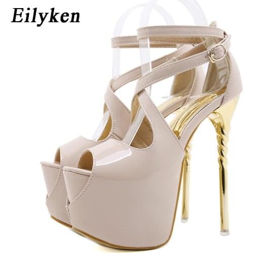 Eilyken New Fashion Patent Leather Ankle Buckle Strap Sandals Nightclub Stripper Women Platform High Heels Peep Toe Ladies Shoes