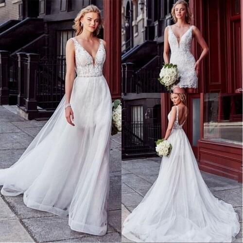 Marvelous V-neck Appliques Beadings Sleeveless Backless Lace Wedding Dress With Detachable Skirt robe de mariee Wedding Gowns
