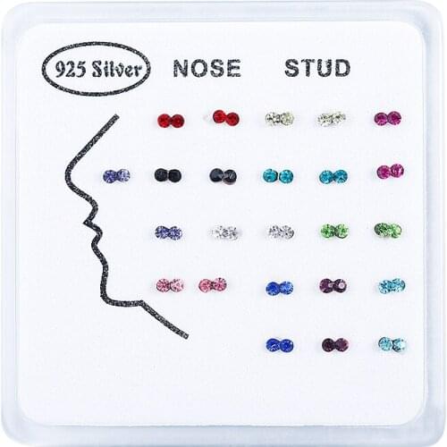 24pcs/set 22G 925 Sterling Silver Nose Rings Studs for Women Men Simple design Czech colorful crystal Piercing Body Jewelry new
