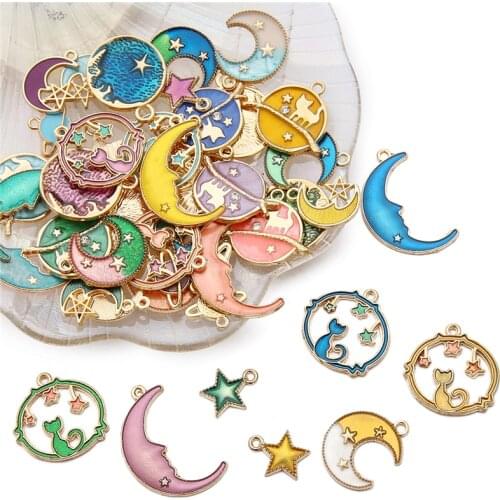 8pcs/Set Blue Pink Enamel Metal Charms Drop Oil Sun Moon Star Pendant for DIY Earring Necklace Bracelet Jewelry Craft Making