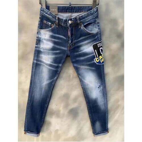 New DSQ2 Mens Skinny Jeans With Ripped Holes And elastic Paint Spray Blue Stitching Beggar Pants 011