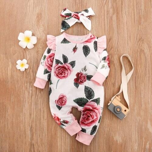 Hibobi 2021 New Arrival 2-piece Floral Printed Baby Romper Jumpsuit & Headband for Baby Girl