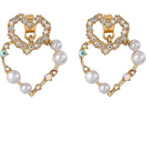 New Jewelry Heart Shape Simulation Pearl Crystal Statement High Sense Earrings Wholesale Earrings For Women