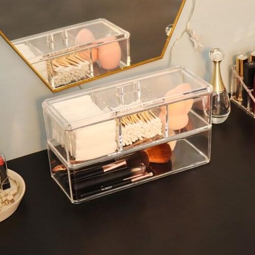 Transparent Cosmetic Storage Box Makeup Organizer 3 Grids Cotton Swab Cotton Pad Storage Box Desktop Acrylic Material Makeup Box