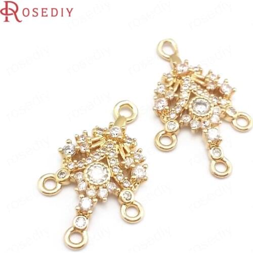 40098)6PCS 14x22MM 24K Champagne Gold Color Brass and Zircon Earring Connect Charms Pendants Jewelry Making Supplies Findings