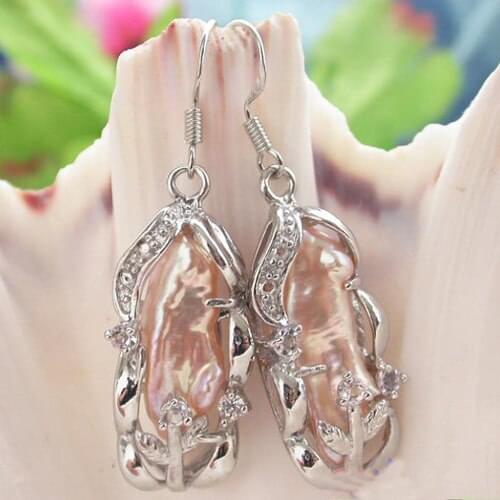 New Favorite Pearl Jewelry Huge 22mm Dens Pink Biwa Baroque Genuine Freshwater Pearls S925 Silver Dangle Earrings For Lady Gift