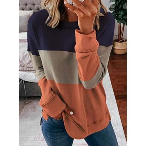 Fashion Comfy Long Sleeve Top Spring Autumn Women Casual O-Neck Female Loose Patchwork Striped Stitching Contrast Color Top