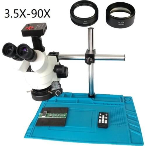 3.5X 7X 45X 90X Simul- Focal Trinocular stereo microscope+2K 21MP HDMI Digital usb microscope camera +144 Led ring lights +Mat