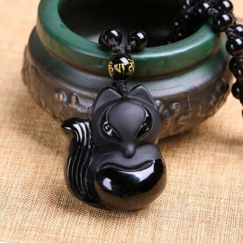 High Quality Unique Natural Black Obsidian hand Carved fox Lucky Amulet Pendant Necklace For Women Men pendant