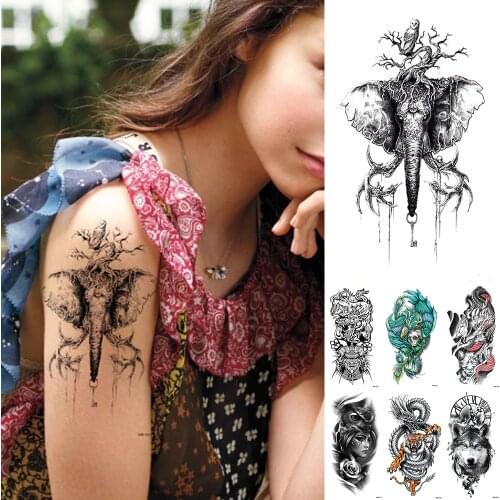 Waterproof Temporary Tattoo Sticker Elephant Japanese Samurai Flash Tattoos Lion Compass Geometry Dragon Body Art Arm Fake Tatoo