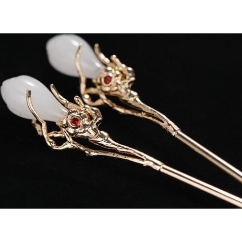 Fashion Japan Hair Sticks Vintage Copper Metal Gold Color Hair Clips Handmade Barrette Hairpins Stone Magnolia Hair Accessories