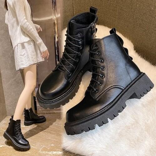 Womens Ankle Boots Korean Style Fashion Round Toe Strap Thick Heel Platform Boots