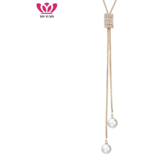 Gold Long Necklace Women Simulated-pearl Adjustable Crystal Beads Sweater Chain Necklace Elegant Fashion Jewelry 2019 New Gifts