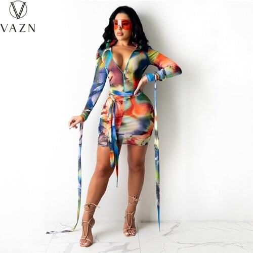 VAZN 2021 INS Floral Print Young Lady Full Sleeve Short Regular Mini Dress V-neck Bandage Bodycon Young Sexy Vestidos For Female