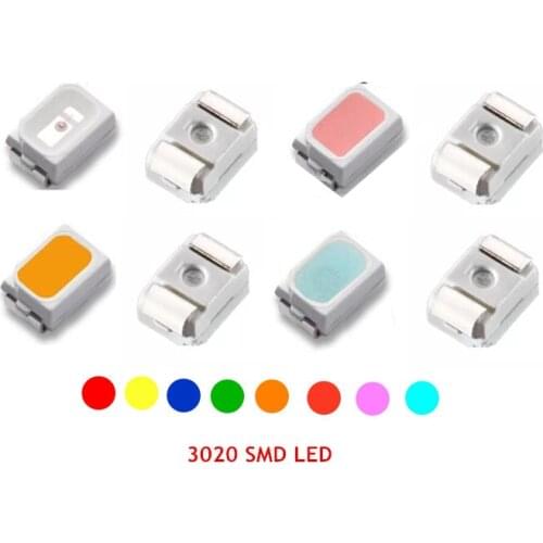 100PCS 3020 SMD LED RED BLUE GREEN YELLOW ORANGE AMBER PINK SKY BLUE (ULTRA BRIGHT) 20mA light beads