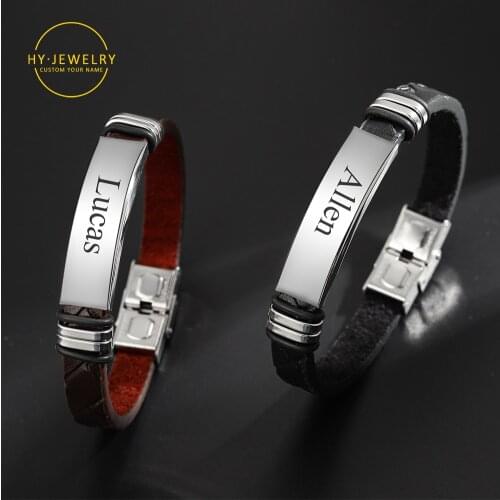 Custom Bracelets With Name Genuine Leather Braided For Men Personalized Name Bracelet Gold Engrave Names Jewelry Boyfriend Gifts