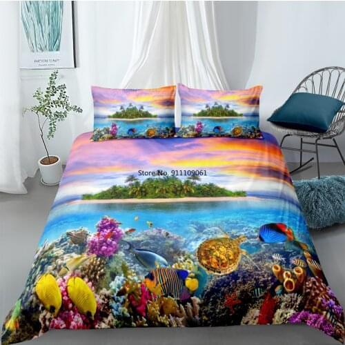 Home Textile Marine Life Bedding Sets Undersea World Blue Pattern Quilt Covers Pillowcases for Children Boys and Girls Products