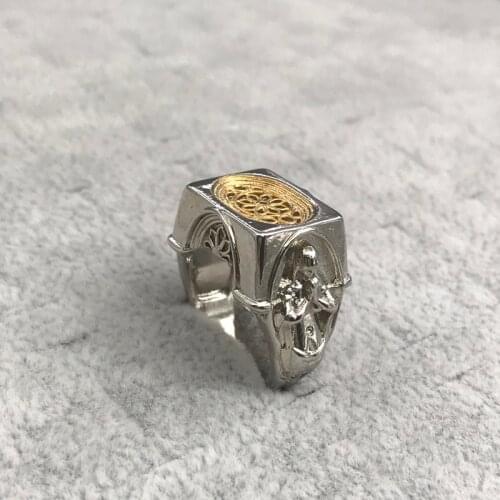 New Design Two Tone Rings Christianity Pray People Punk Jewelry Hollow Flowers Design Unusual Personality Rings For Mens MENGYI