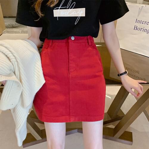 2020 New Denim Skirt High Waist Mini S Women Summer Pockets Red Black Jean School Young Girls Streetwear Plus Size Jean Skirts
