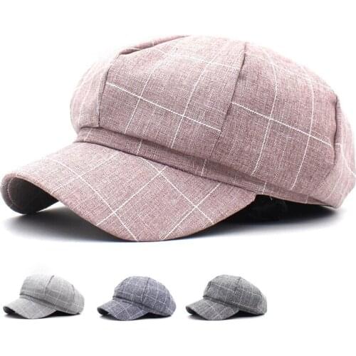 New Style Lady Hat Korean-style Fashion Plaid Pink Beret Cotton Cap Women Casual Versatile Brim Hat Winter Topee