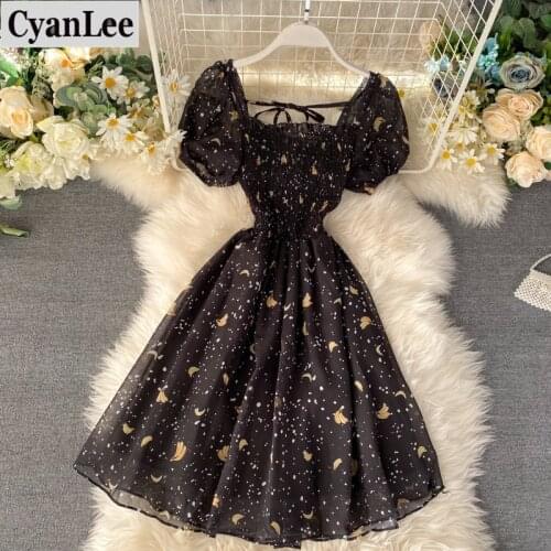 Cyanlee Print Black Parry Dress Women A-line High Waist Midi Dresses Women 2020 Puff Sleeve Vestidos Spring Summer Ropa Mujer