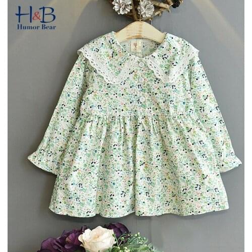 Humor Bear Girls Dress New Autumn Long Sleeve Lace Collar Princess Dress Floral Printed Cute Children Clothes for 3-7Y