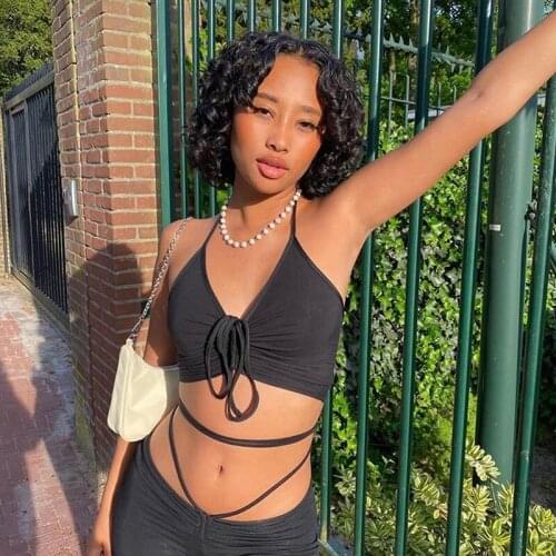 Sexy 2 Piece Outfits Set Drawstring Halter Crop Cami Top + Flare Pants Set Streetwear Slim Fit Matching Suit Women Clothing