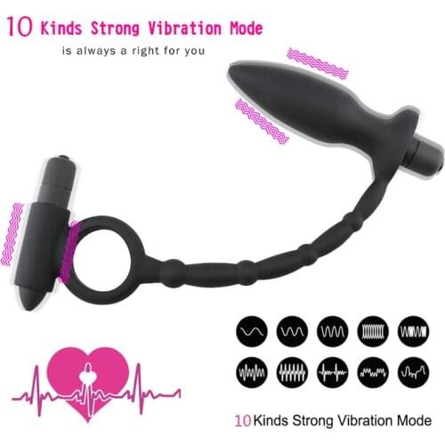 Silicone Dual Bullet 10 Frequency Vibrator Penis Ring Delay Loop Anal Plug Vibrating Massager Butt Plug Adult Sex Toys for Men