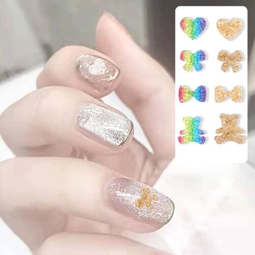 4pcs Mixed Nail Art Decoration Bear Heart Bow Design Nail Ornament Soft Rubber Rainbow Solid Color Nail Accessories Nail Art Too