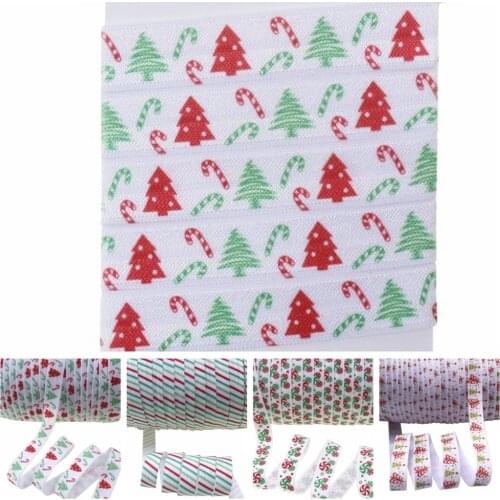 5/8" heat transfer Christmas tree gift candy stripes dots fold over elastic foe elastic for headband ties welcome custom printed