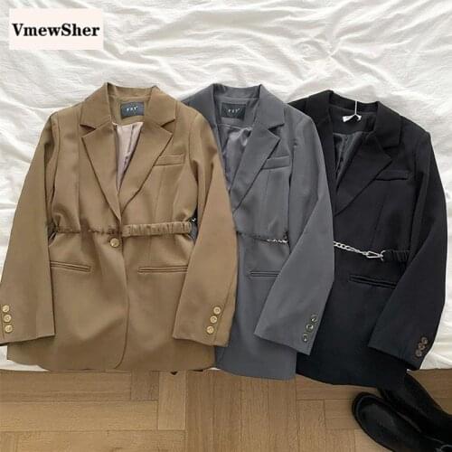 VmewSher New Autumn Spring Women Casual Blazer with Chain Belt Stylish Office Lady Elegant Notched Collar Single Button Suit