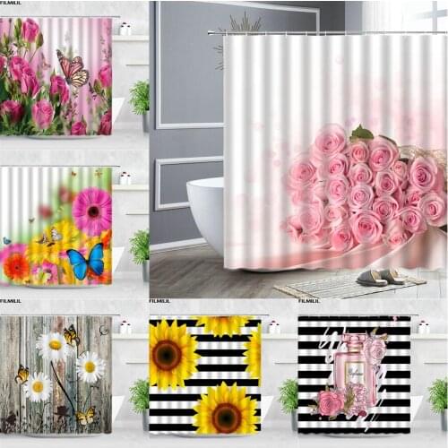 Shower Curtain Garden Colorful Flowers Natural Scenery 3D Waterproof Fabric Bathroom Curtains Bath Accessories Bathroom Decor