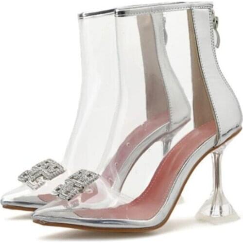 Sandals Women Mid Heel Summer Ladies Shoes Rhinestones Pointed Toe PVC 9.5CM Strange Style High heels Slip On ZIP women shoes