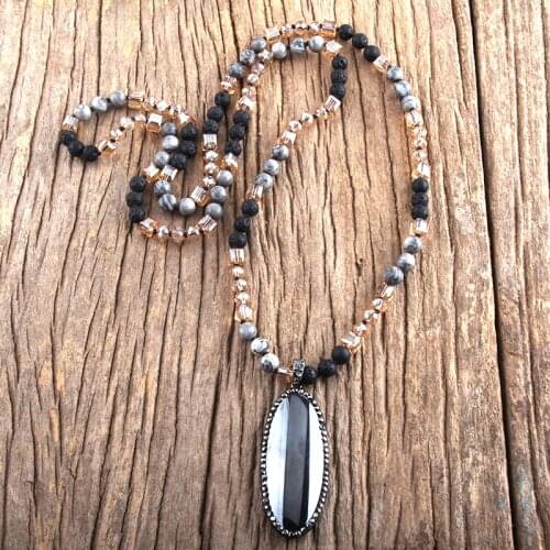 RH Fashion Bohemian Jewelry Natural Stones Crystal Pave Hematite Dorp Necklaces Women Lariat Necklace