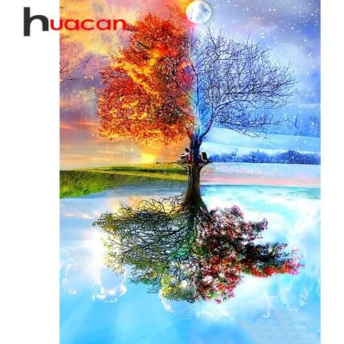 Huacan 5d Diamond Painting Landscape Full Drill Square Diamond Mosaic Cross Stitch Tree Handmade Decor For Home