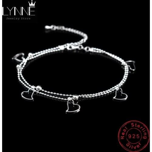 New Fashion 925 Sterling Silver Heart Pendant Anklets Women Jewelry Double Layer Small Bead Star Charm Beach Foot Chain Bracelet