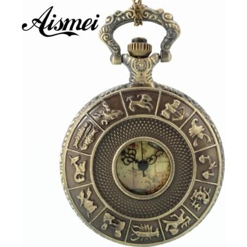 Bronze Quartz 12 Constellation Pocket Watch Necklace Pendant Mens Womens Gift 5pcs/lot