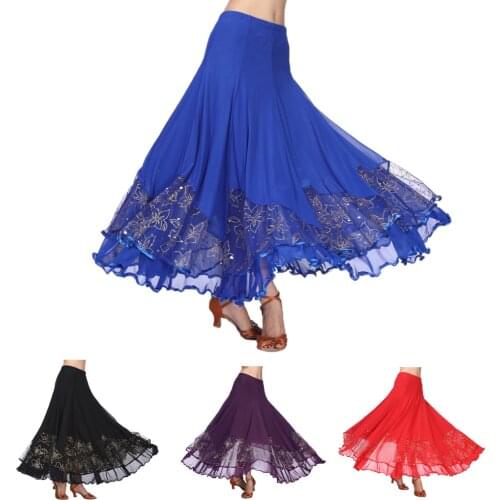 Long Flamenco Modern Dance Skirt Sequined Mesh Skirt Waltz Dress Womens Costume