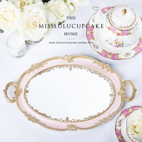 European Golden Round Rectangle Tea Tray Cup Tray Dessert cake stands mirror tray