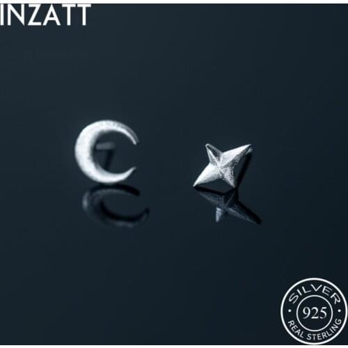 INZATT Real 925 Sterling Silver Moon Cross Star Asymmetry Stud Earrings For Fashion Women Fine Jewelry Punk Accessories Gift