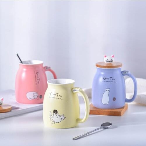 Japanese Style Cute Cartoon Cat Ceramic Cup with Lid Creative Mug Water Cup Breakfast Milk Coffee Office Couple Coffee Cup